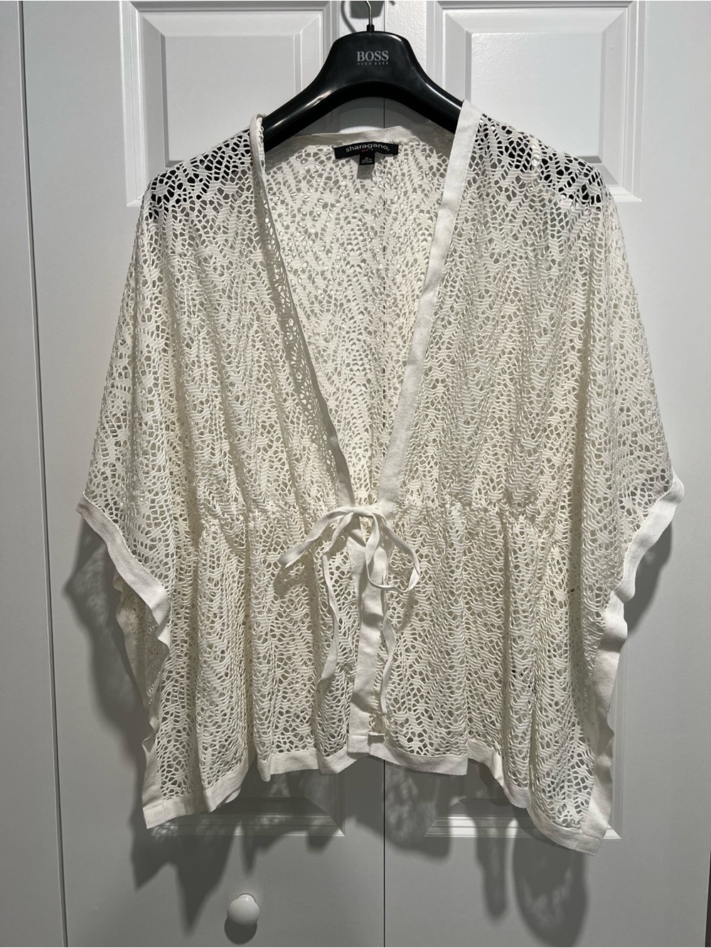 Sharagano White Crochet Tie-Front Kimono